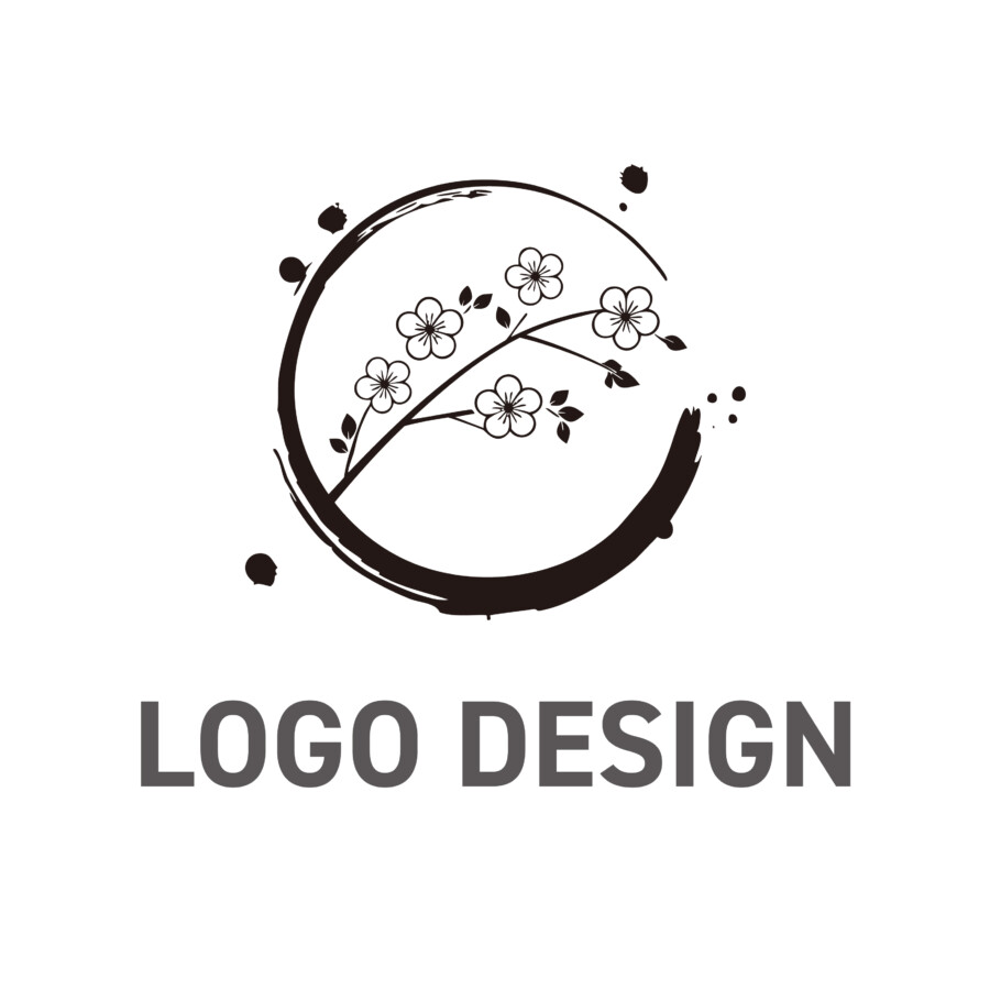墨の円に舞う桜の趣、心を和ませるロゴデザイン