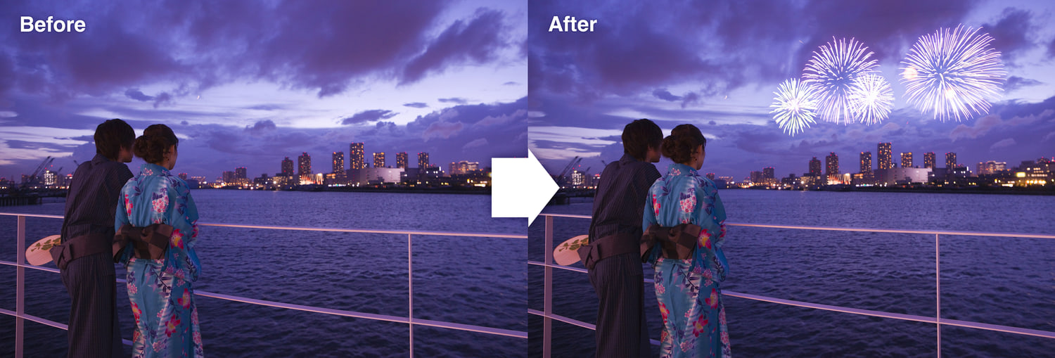 記念写真の背景に花火を追加した前後の比較