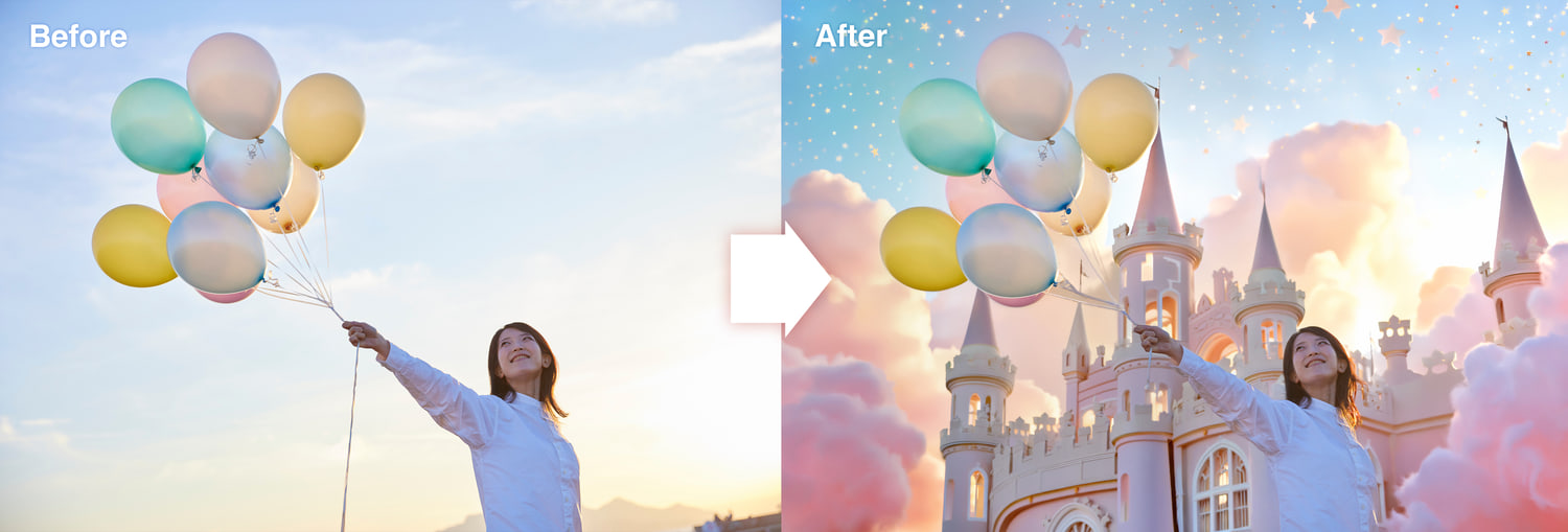 人物写真の背景に空想上の城を追加した比較