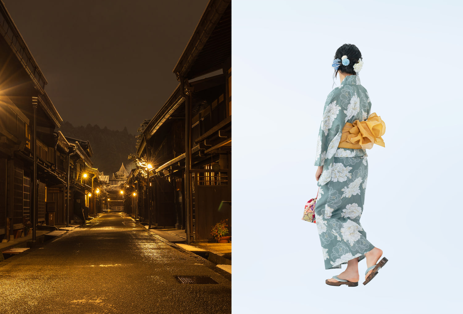 夜の街並みと明るい背景の着物姿の人物を並べた素材比較