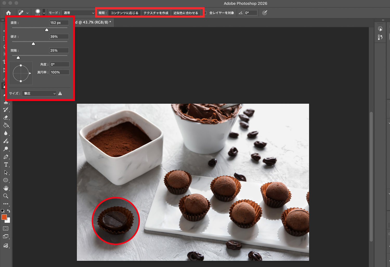 スポット修復ブラシの設定と消したいチョコレートを示す操作画面