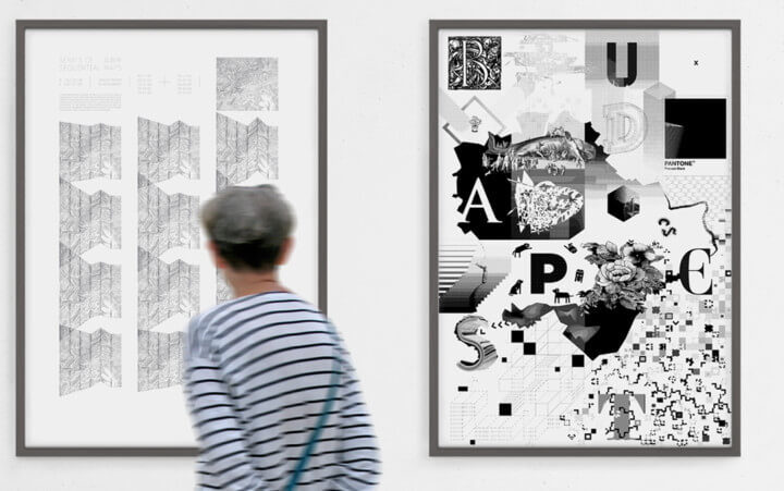 ポスターデザインを眺める人