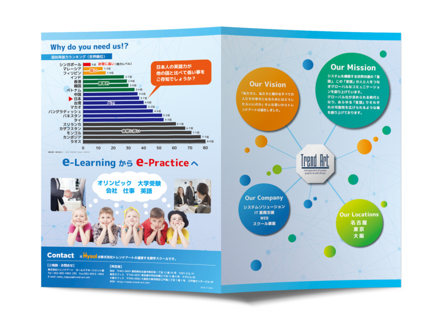 語学学習とテクノロジーを取り扱う企業の二つ折り会社案内_A3サイズ