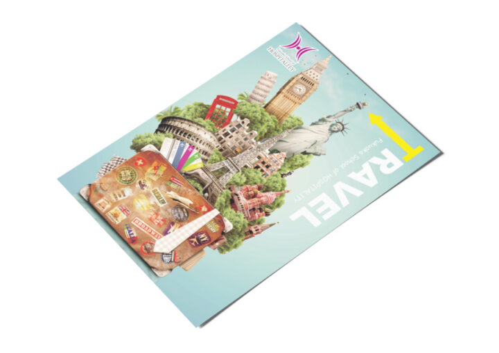 専門学校のトラベル(旅行)をイメージしたハガキデザイン