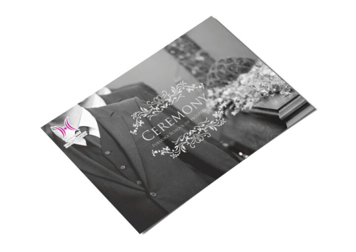 専門学校のセレモニー(葬儀)をイメージしたハガキデザイン