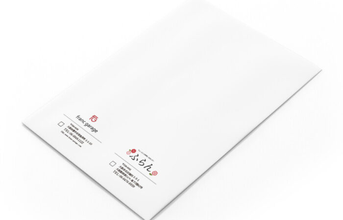 封筒制作事例 - フランス車専門店と飲食事業を併記した角2封筒デザイン