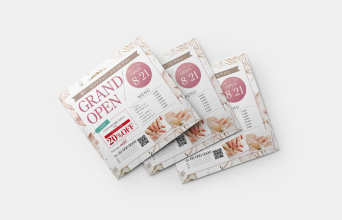 フライヤー制作事例 – ネイルサロンのグランドオープンを告知する正方形フライヤーデザイン