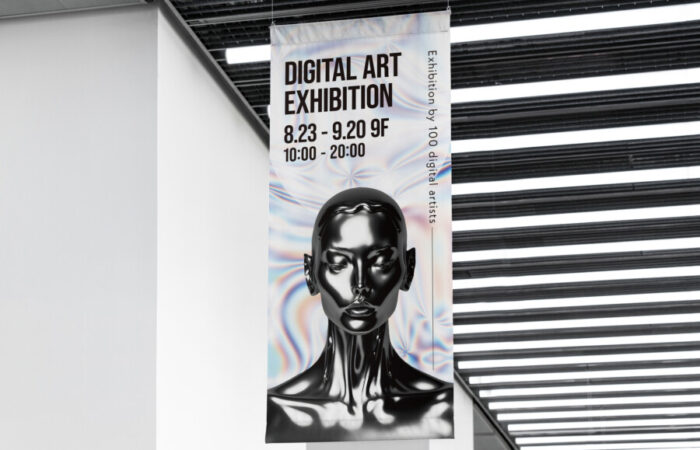 垂れ幕制作事例 - デジタルアート展のミステリアスな垂れ幕広告デザイン