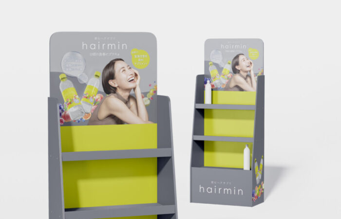 什器デザイン制作事例 - 飲料サプリメントのリフレッシュ感を伝える販売ディスプレイ什器