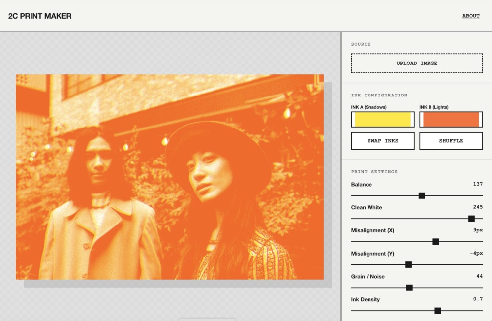 レトロな「版ズレ」とインクの質感を再現する無料ツール「2C PRINT MAKER」を公開しました。