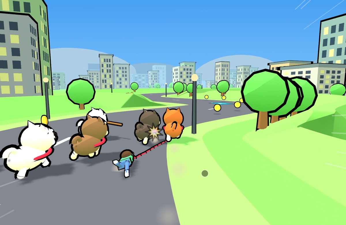 柴犬たちが街を走る3Dレース「SHIBA DASH!!」のゲーム画面