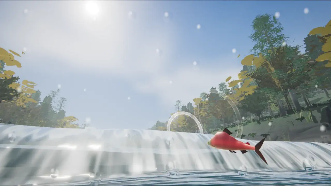 鮭が川の滝を跳び上がる「遡上 Salmon Ascent」のゲーム画面