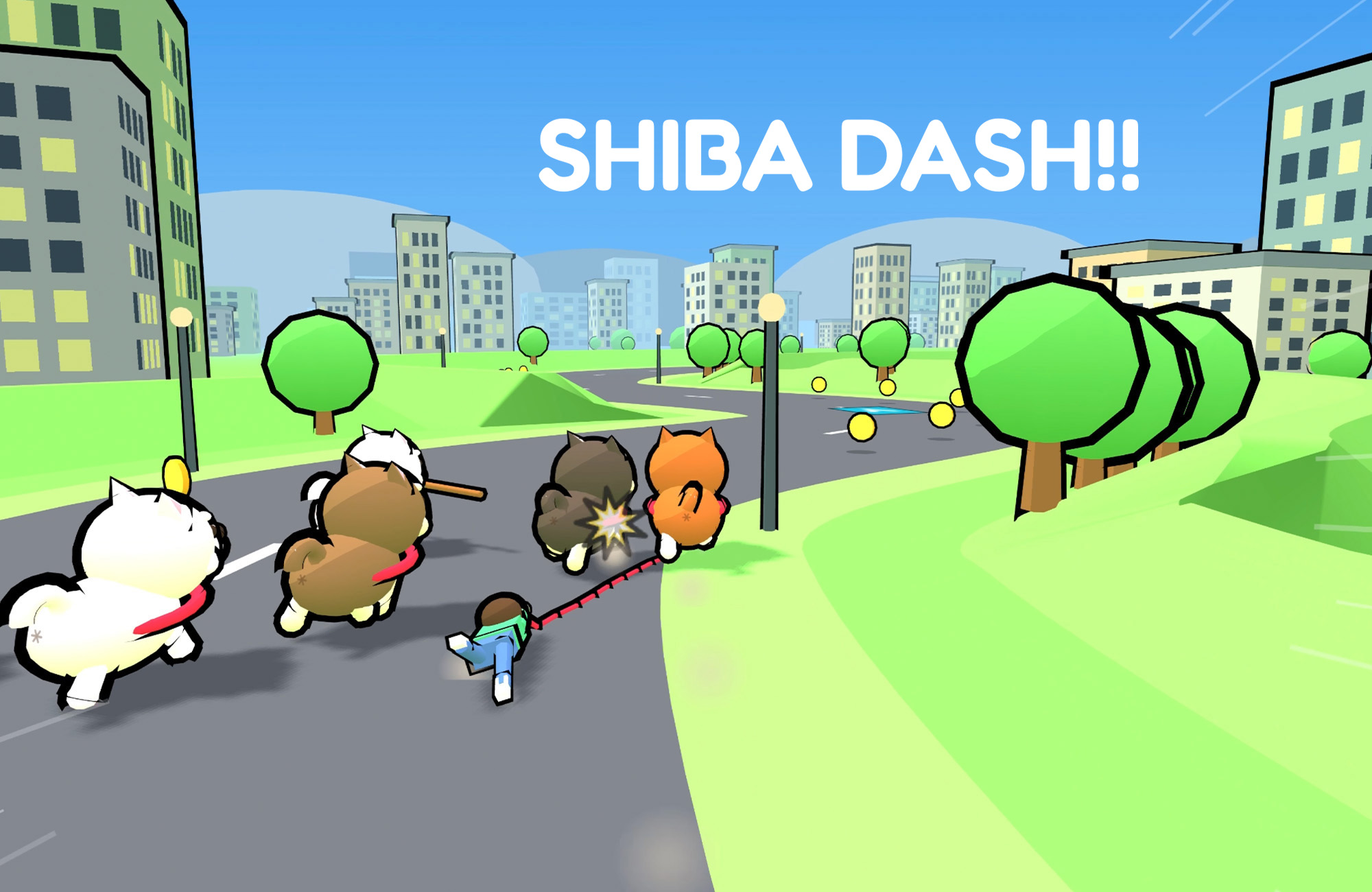 柴犬たちが街を走る3Dレース「SHIBA DASH!!」のゲーム画面
