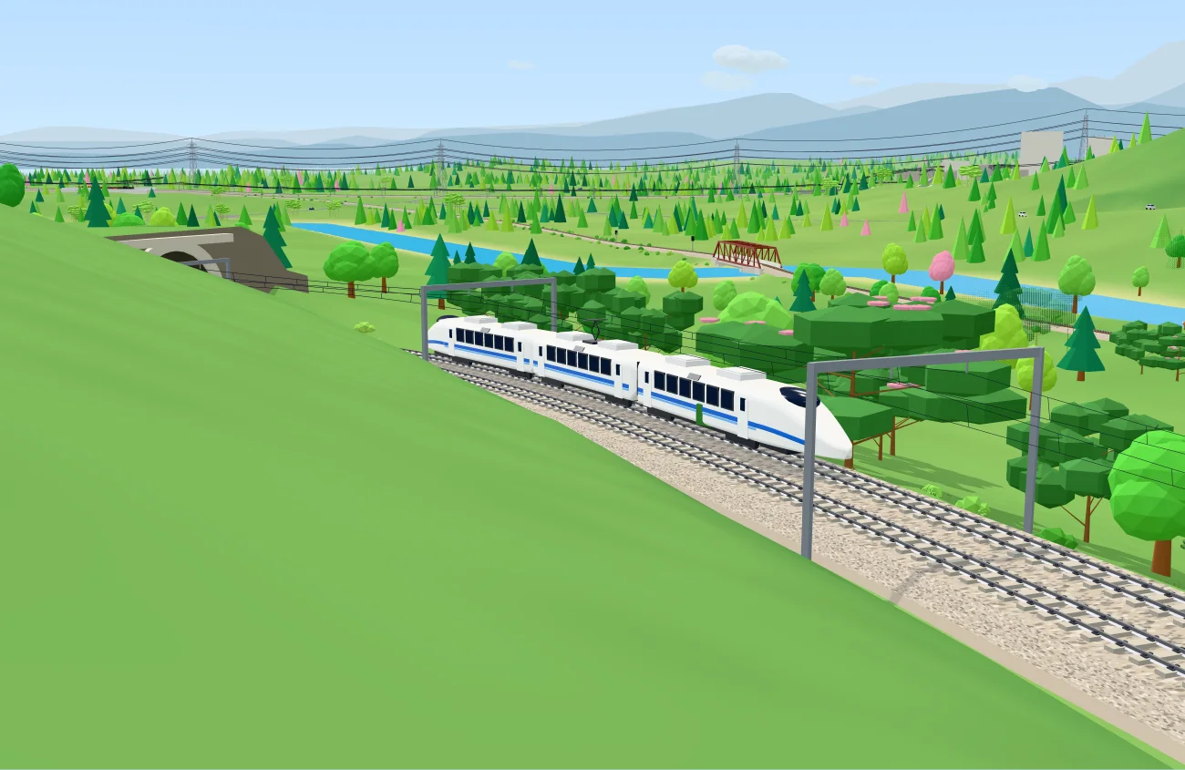 緑の丘のふもとを走る白い高速電車「あおぞら」。奥に川と赤い鉄橋、山なみが見える
