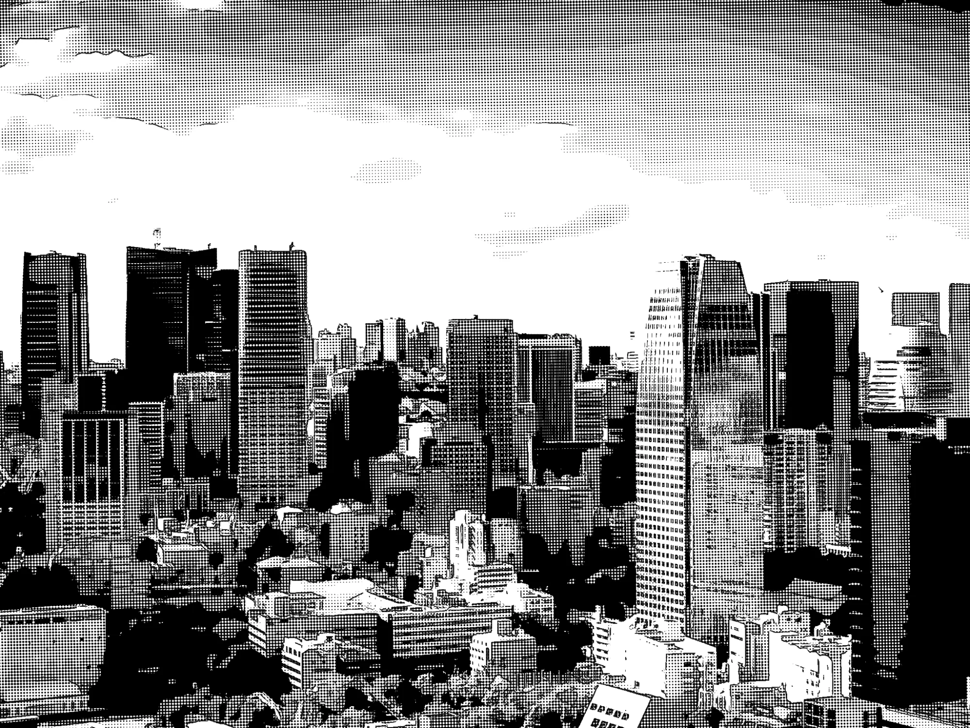 変換後：ビルの輪郭と窓が線画になり、空にスクリーントーンが乗った漫画背景