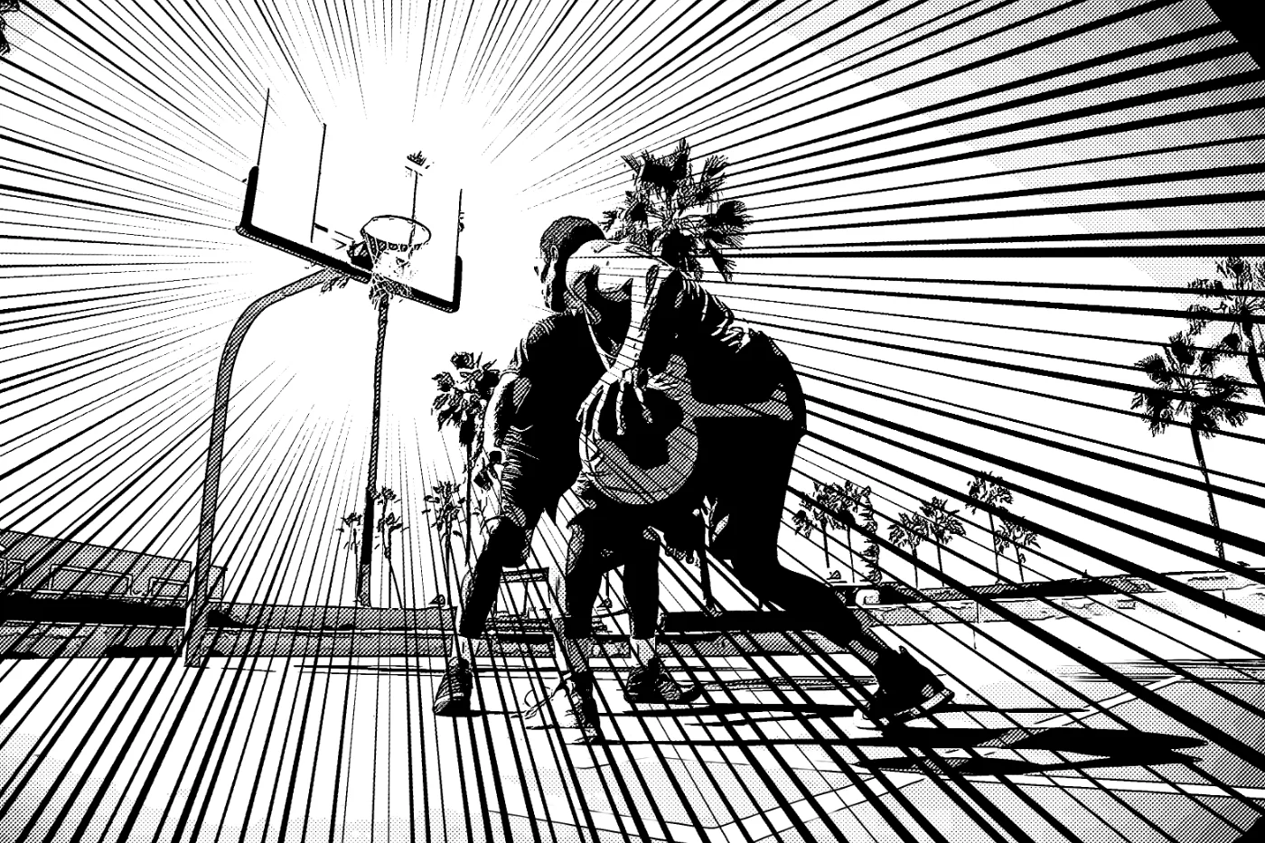集中線を加えた作例。中心に向かって尖った線が収束している