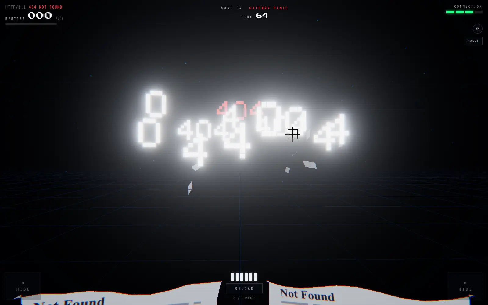 WAVE 04 GATEWAY PANIC の画面。白い数字に混ざって赤い404が浮かんでいる