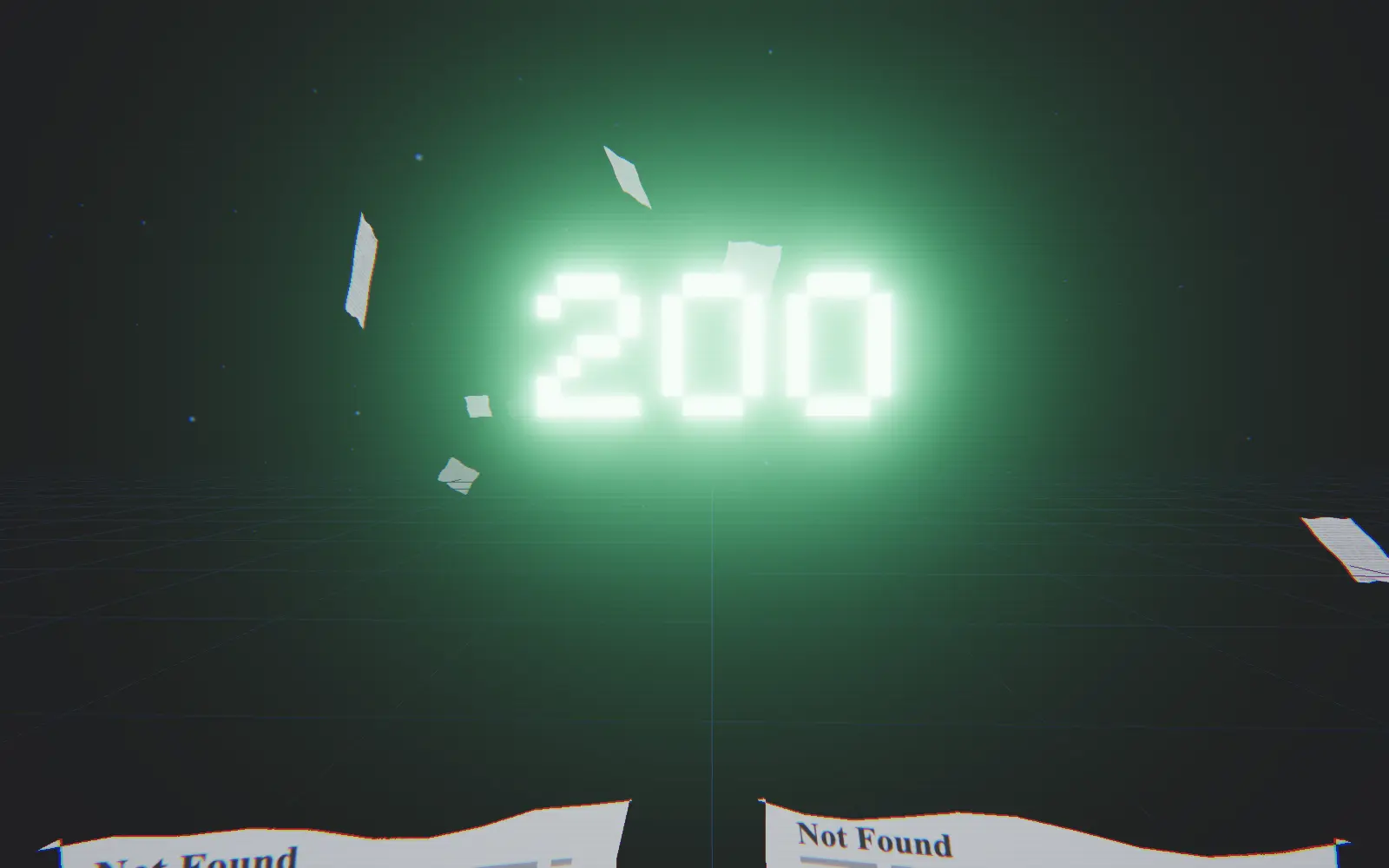 ボスを倒した直後の画面。緑に光るボクセルが集まって200の数字になっている