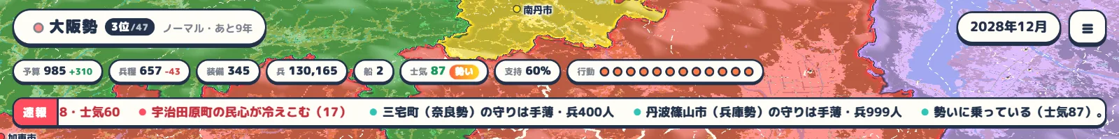 上の欄と速報の帯。押すと順位表や、その場所へ