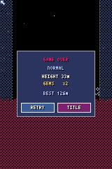 ゲームオーバー画面。登った高さ、拾ったジェムの数、ベスト記録と、RETRYとTITLEのボタン