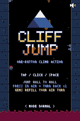 クリフ・ジャンプのタイトル画面。山のマークとCLIFF JUMPのロゴ、操作の説明
