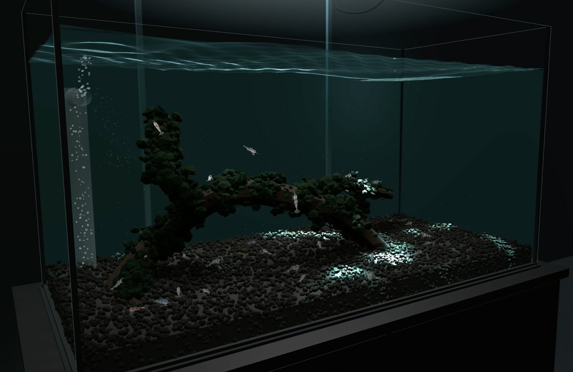 EBI TANK — エビ水槽の生態系を育てる3Dシミュレーターの画面