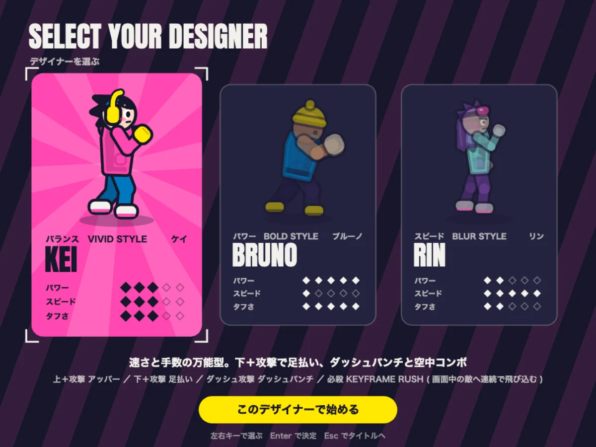 SELECT YOUR DESIGNER の画面。KEI・BRUNO・RIN のカードとパワー・スピード・タフさ