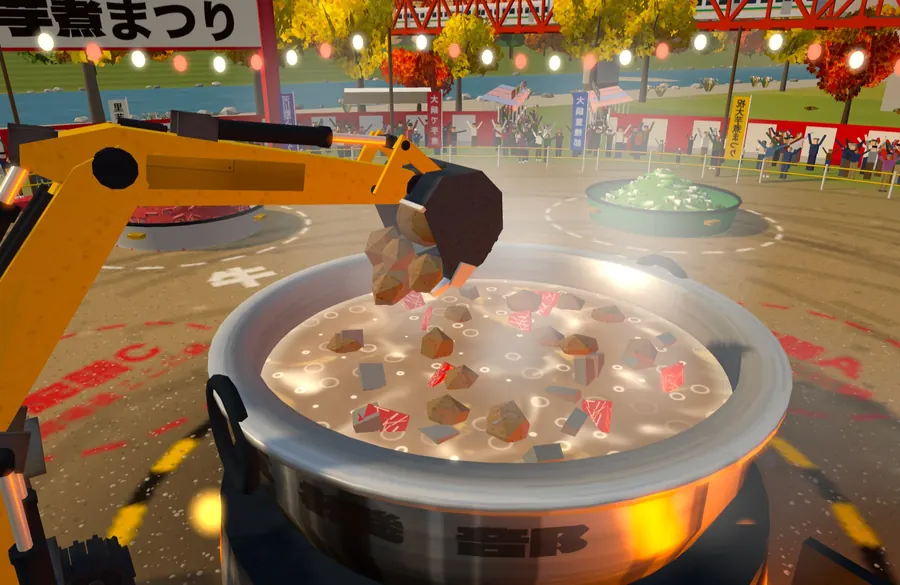 バケットに牛肉とこんにゃくをすくって大鍋の上へ運んでいる