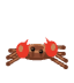 アカテガニのドット絵。赤いハサミの茶色いカニ