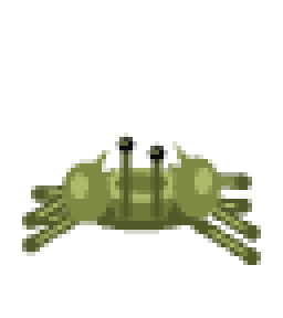 ヤマトオサガニのドット絵。長い眼を立てた緑がかったカニ