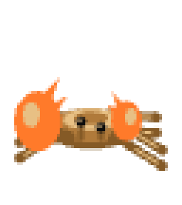 シオマネキのドット絵。片方のハサミが大きいオレンジのカニ