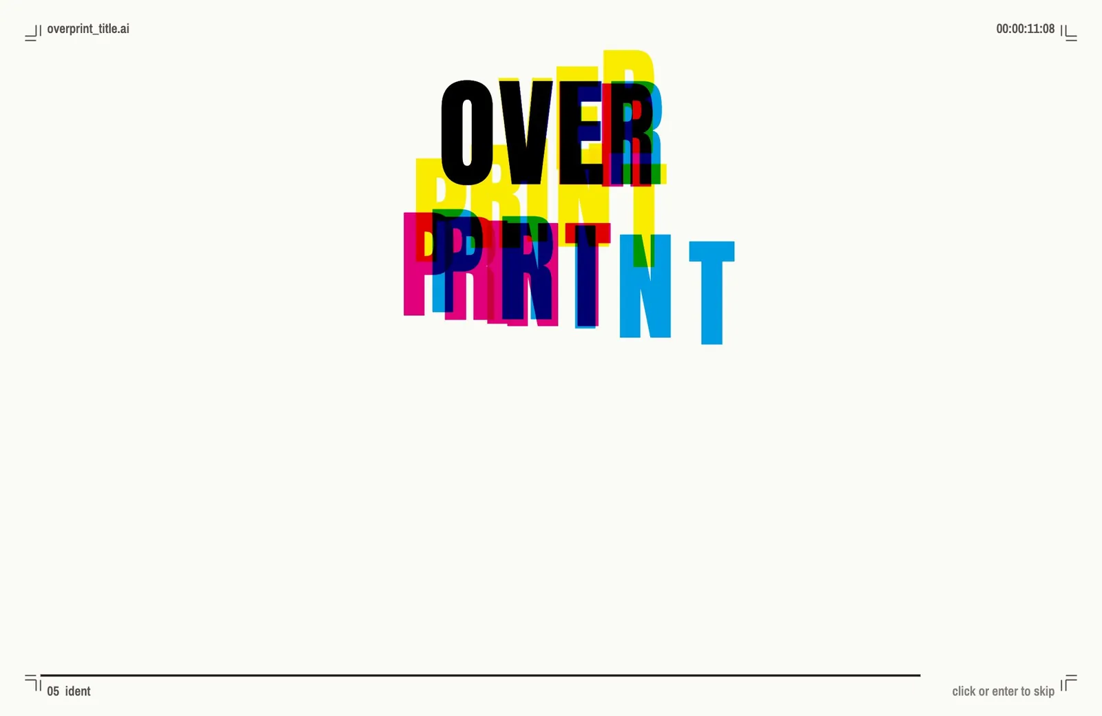 オープニングの場面。版ずれしたOVER PRINTのロゴが見当に合っていく途中