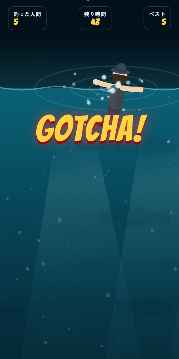 引き摺り込みに成功し、GOTCHA!の文字とともに人間が水面へ落ちる場面