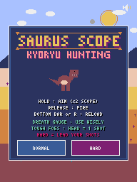 ザウルス・スコープのタイトル画面。T-REXの絵と、NORMALとHARDの選択