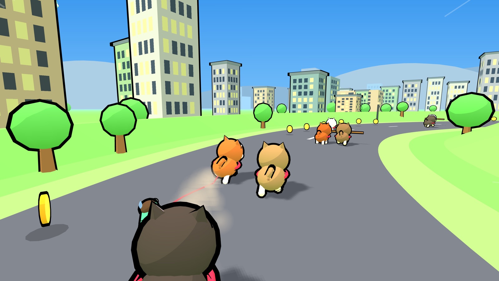 SHIBA DASH!! のコース「おひる」のゲーム画面。昼下がりの街のサーキットを赤柴が飼い主を引きずって走っている