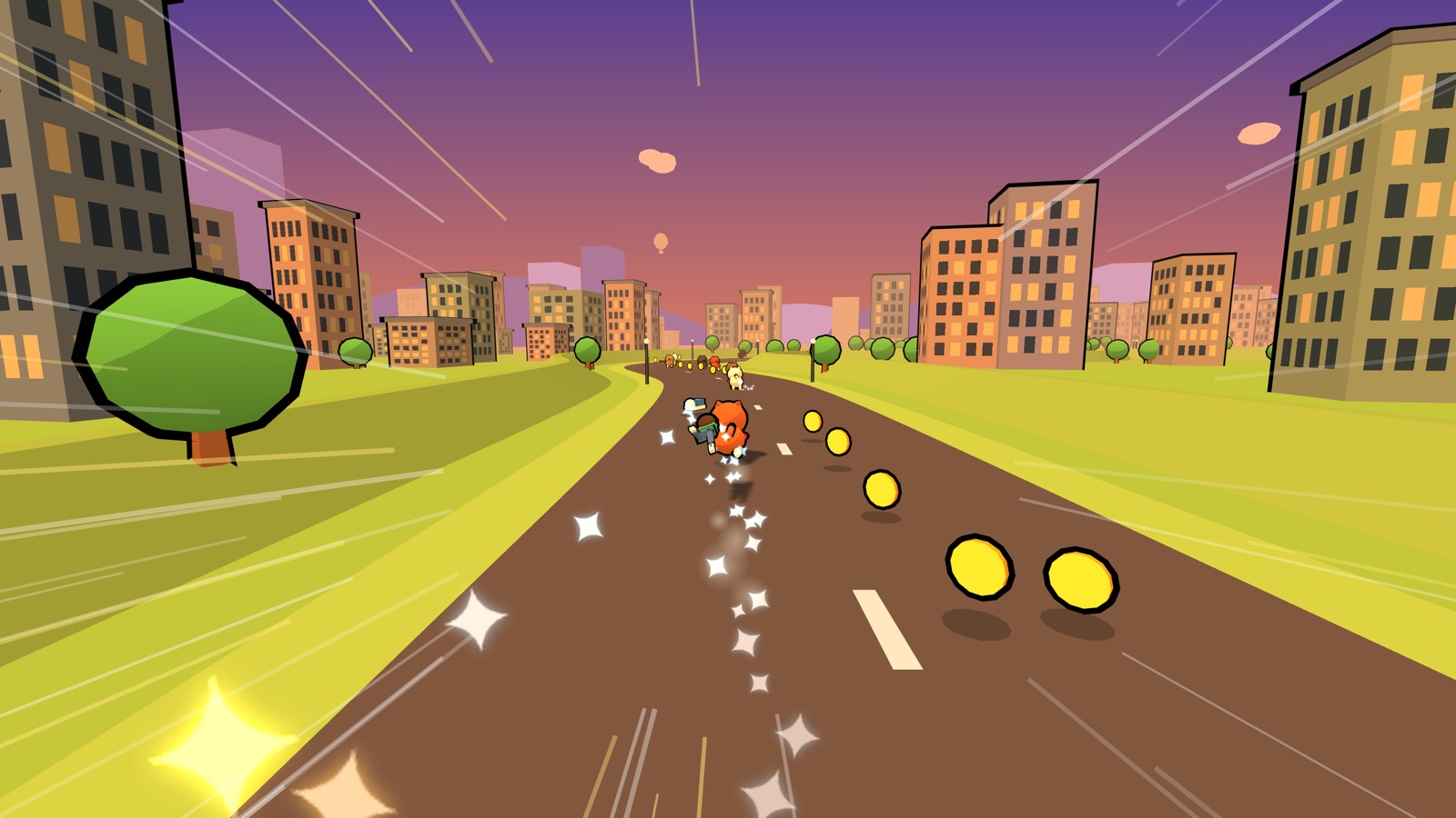 SHIBA DASH!! のコース「ゆうやけ」のゲーム画面。茜色の夕焼け空の下、長い影をのばして柴犬たちが走る高速サーキット