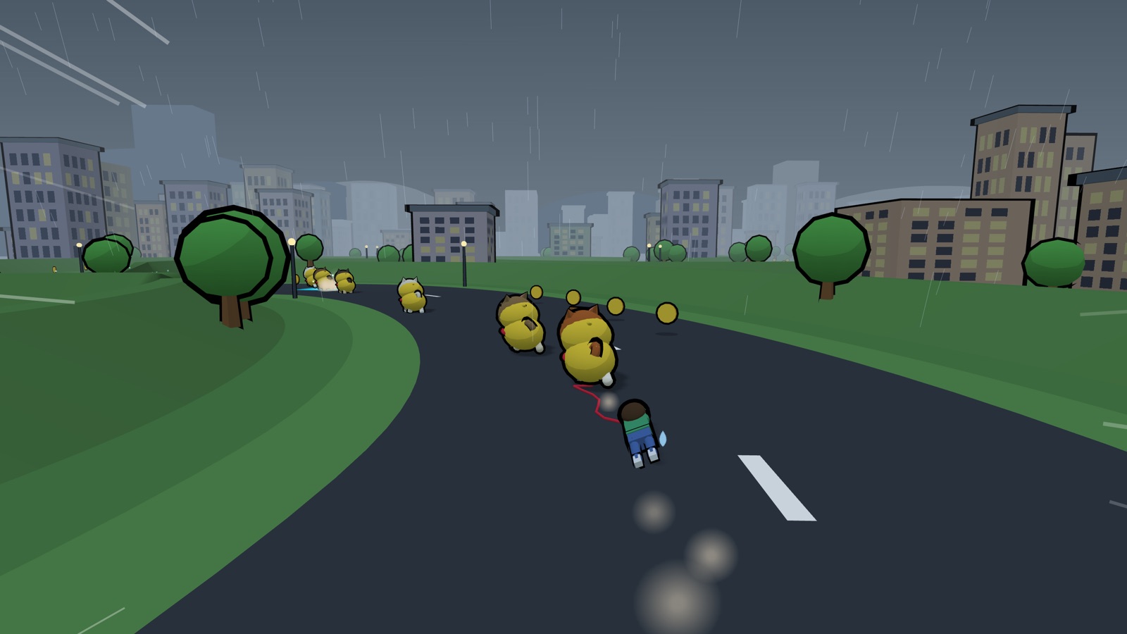 SHIBA DASH!! のコース「おおあめ」のゲーム画面。大雨の灰色の街を、水しぶきをあげながら柴犬が走る