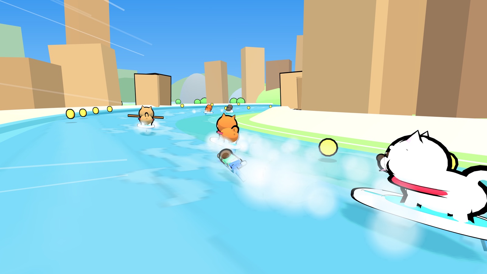SHIBA DASH!! のコース「シバくだり」のゲーム画面。SUPボードに乗って蛇行する川を下る柴犬と飼い主