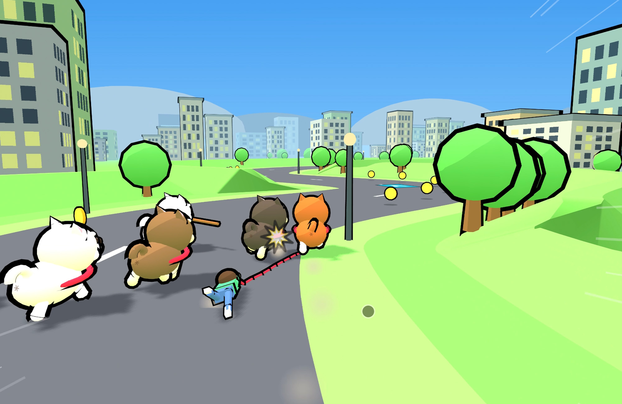 SHIBA DASH!! — 柴犬が飼い主を引きずって走る3Dレースゲームの画面