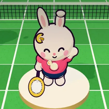 ラビー。ピンクのシャツに月の髪飾りをつけたうさぎ