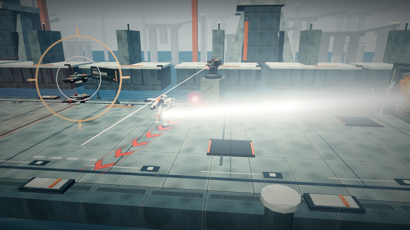 ZONE STRIKE のゲーム画面。港の防衛線でストライカー01が満充填のレーザーを撃ち、白い光線が路面を横切っている。