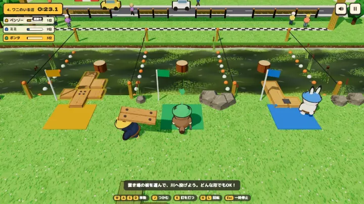 ワニのいる沼。暗い緑の沼に板をかける
