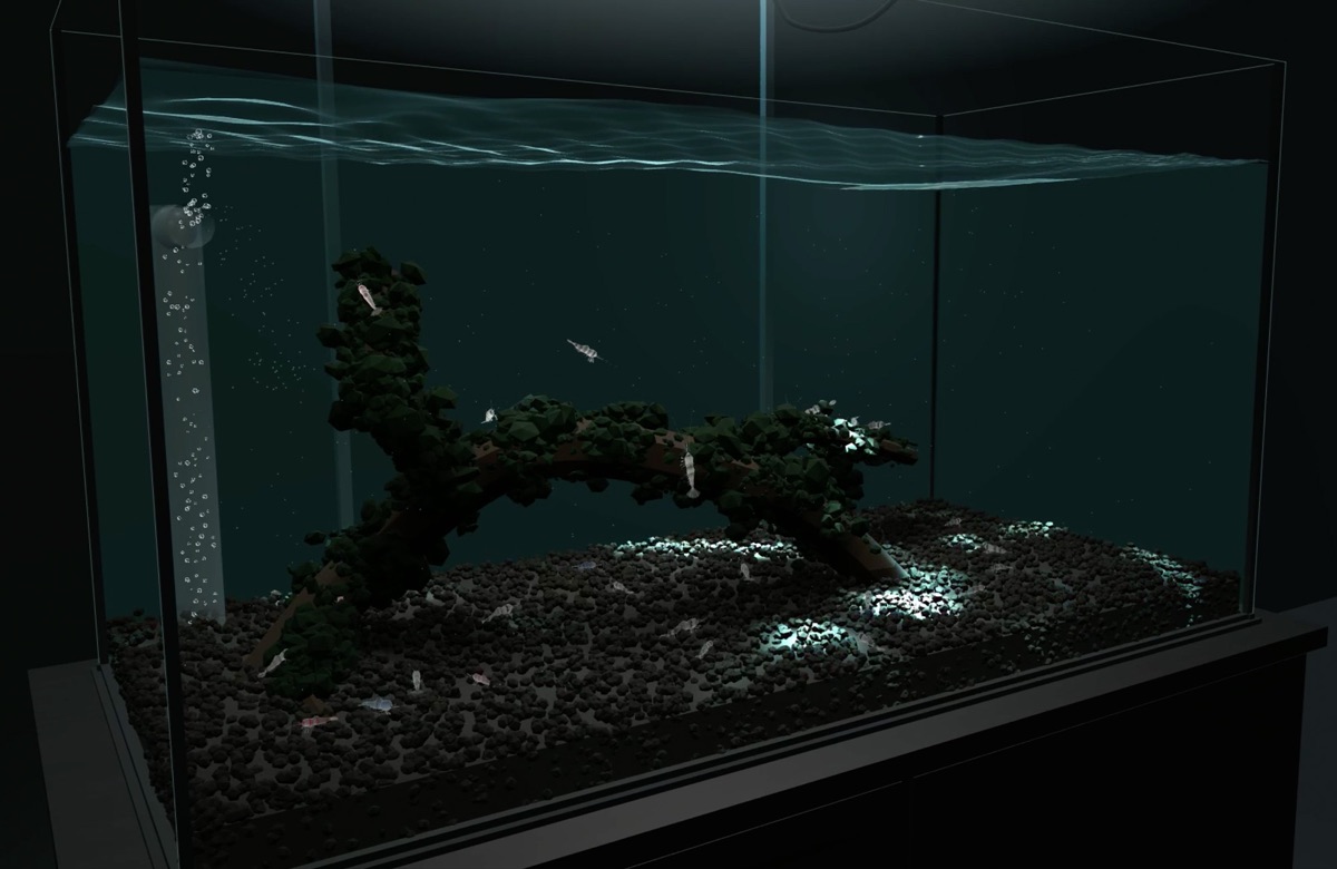 EBI TANK — エビ水槽の生態系を育てる3Dシミュレーターの画面