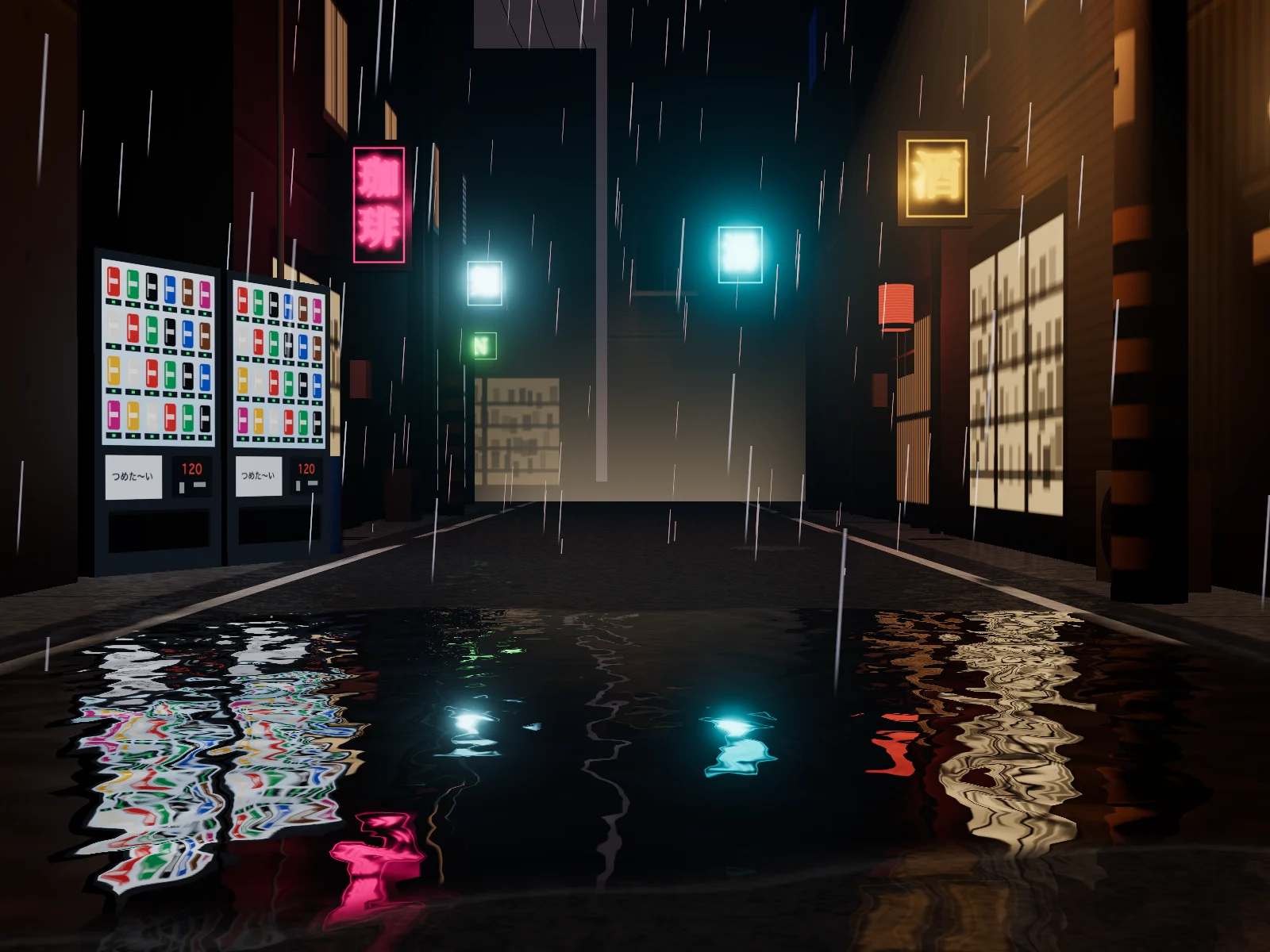 夜の路地の水たまりに、雨の波紋で揺れるネオンの映り込み