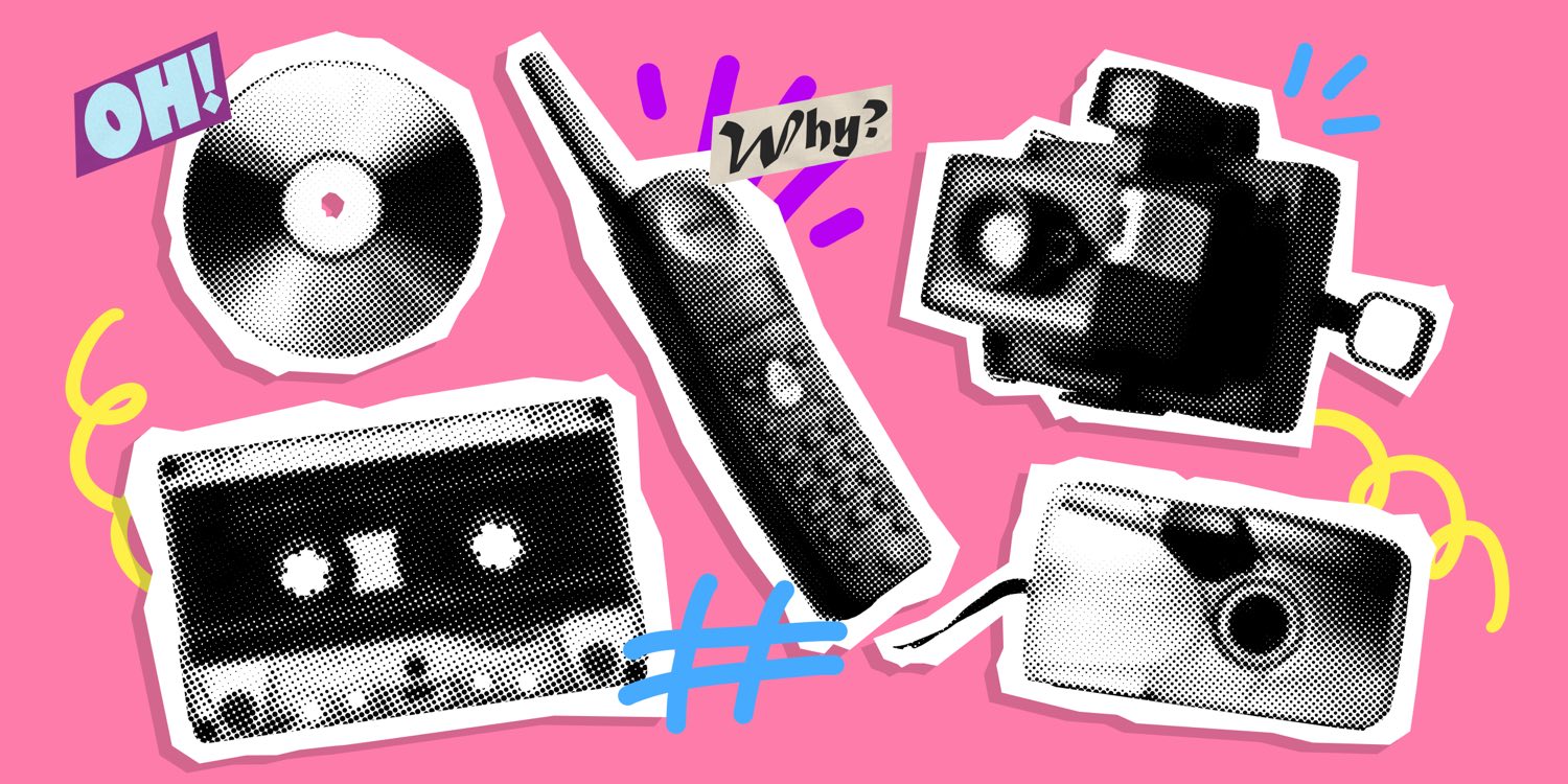 レコード、カセットテープ、カメラなどの道具をピンクの背景に並べたコラージュ
